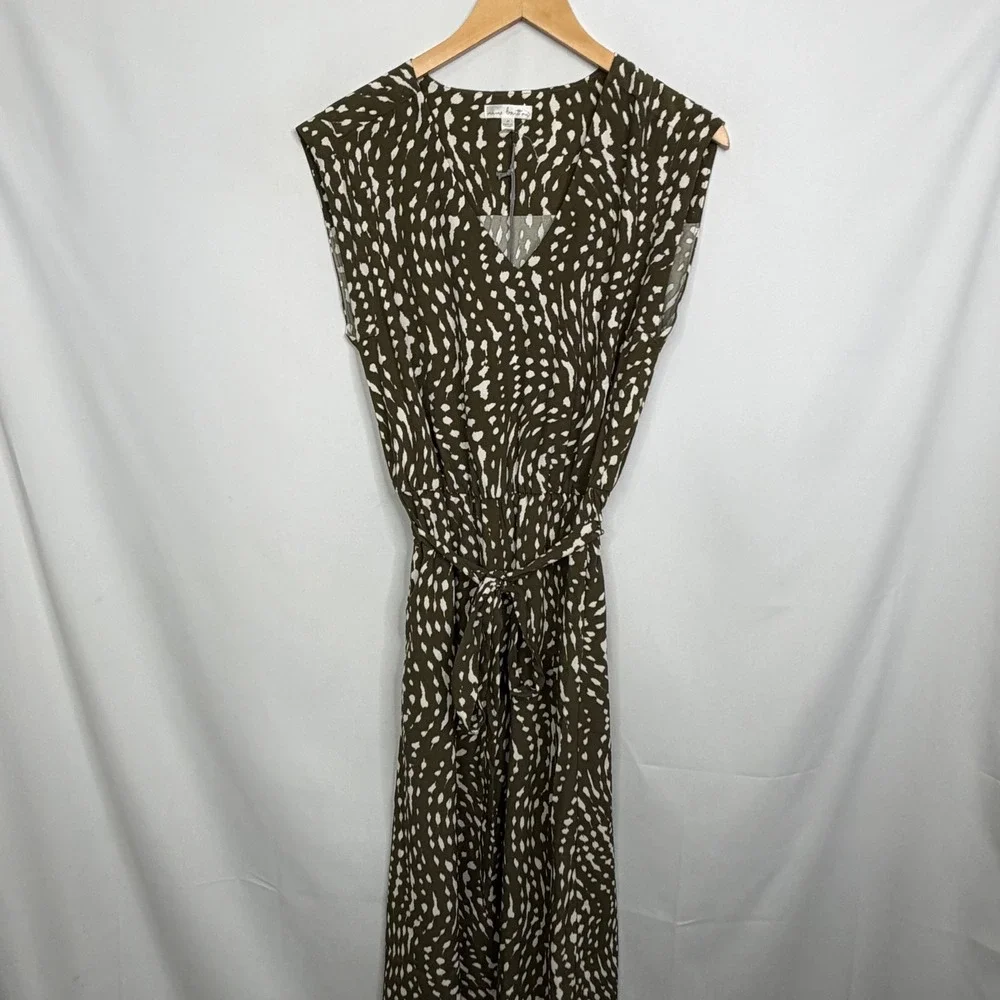Nine Britton Mari V-Neck Midi Dress Olive Abstract Animal Print Side Slit M NEW
